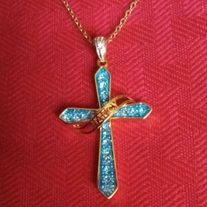 Turquoise Blue and Gold Finish Christian Cross Necklace